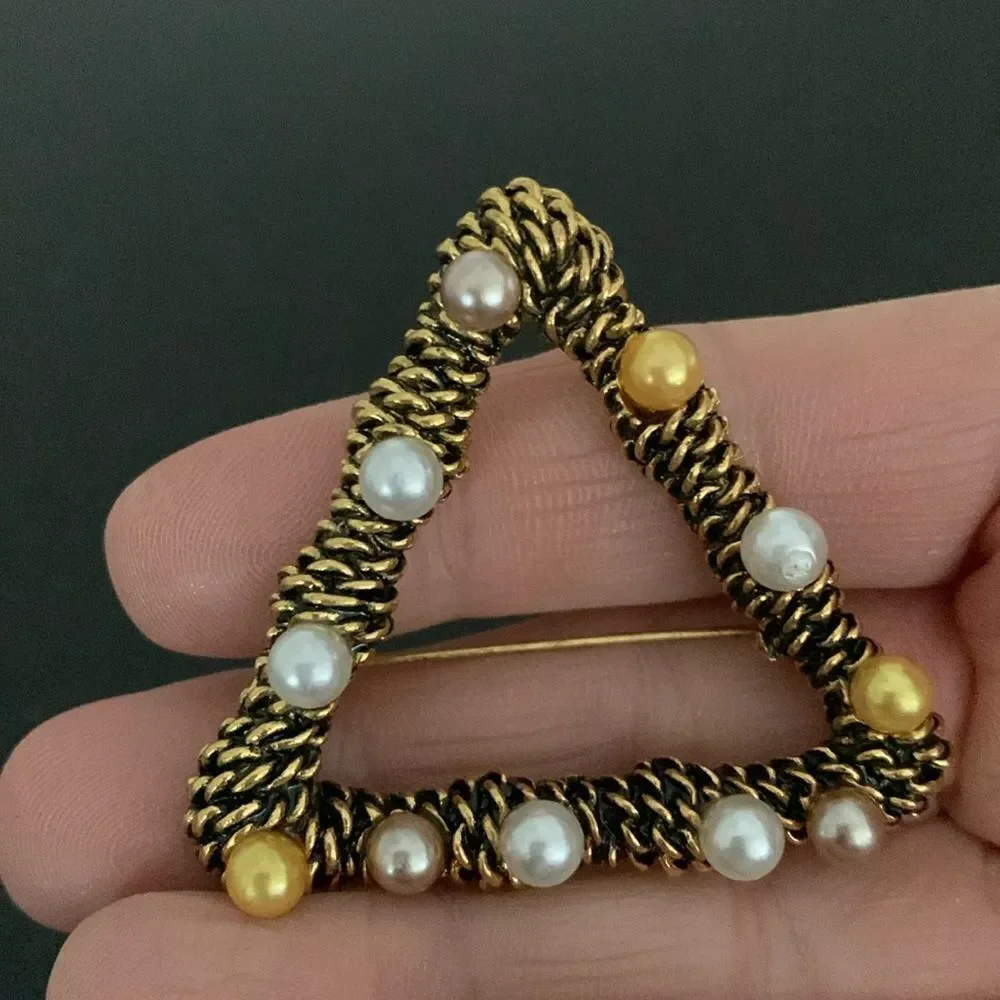 Vintage Style Triangle Lapel Pin in Antique Gold Finish with Faux Pearls